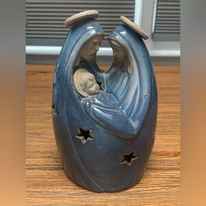 Blue and Cream Ceramic Luminary Art Piece Holy Family Christmas